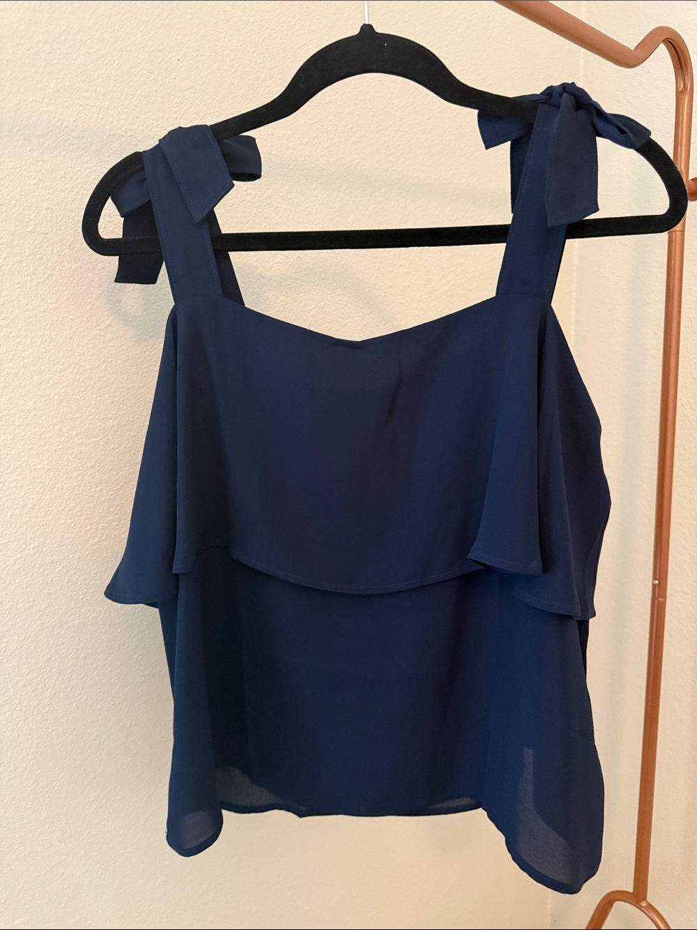 LOFT Navy Tie-Shoulder Layered Ruffle Tank